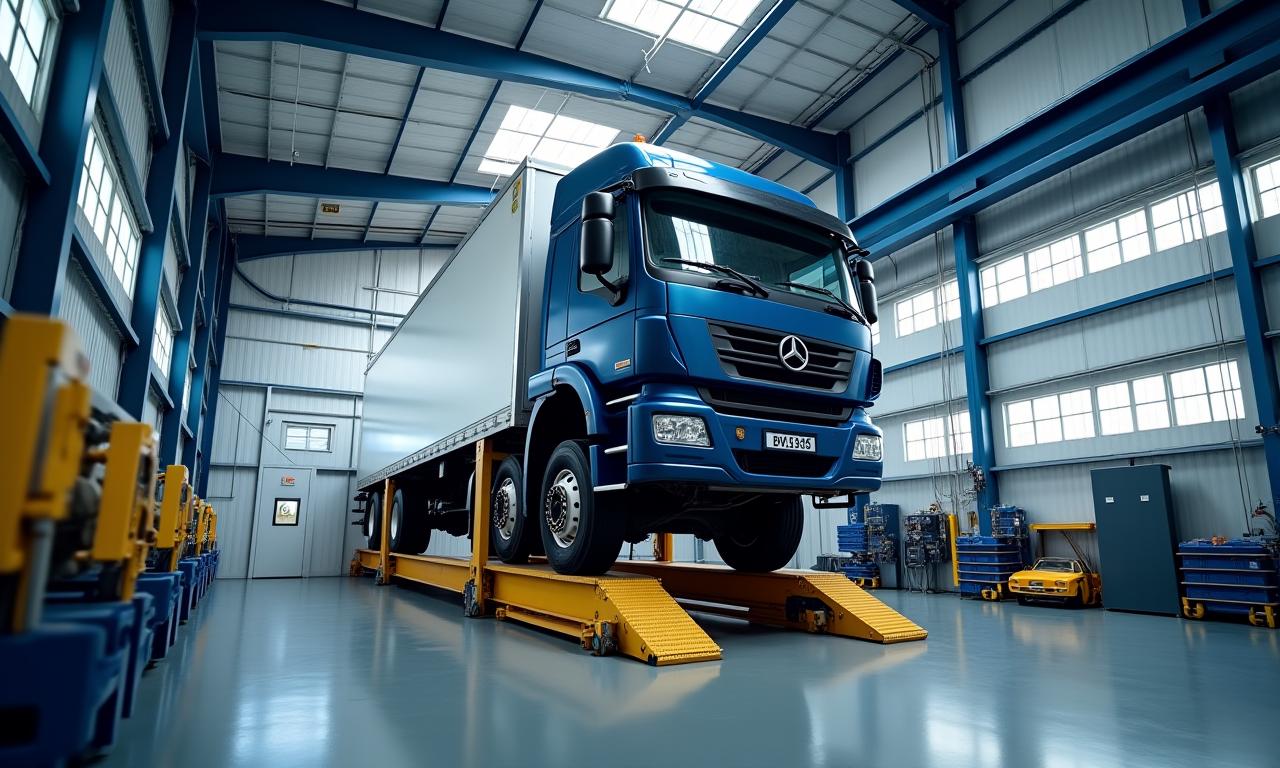 LKW auf einer Hebebühne in der Werksatt Wels